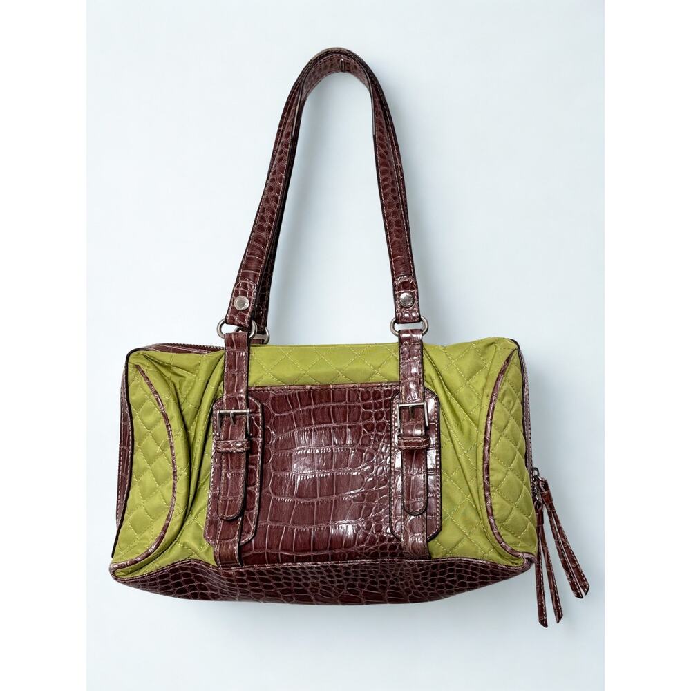 Vtg Y2K Liz Claiborne Green Quilted Faux Croc Leather Satchel Bag